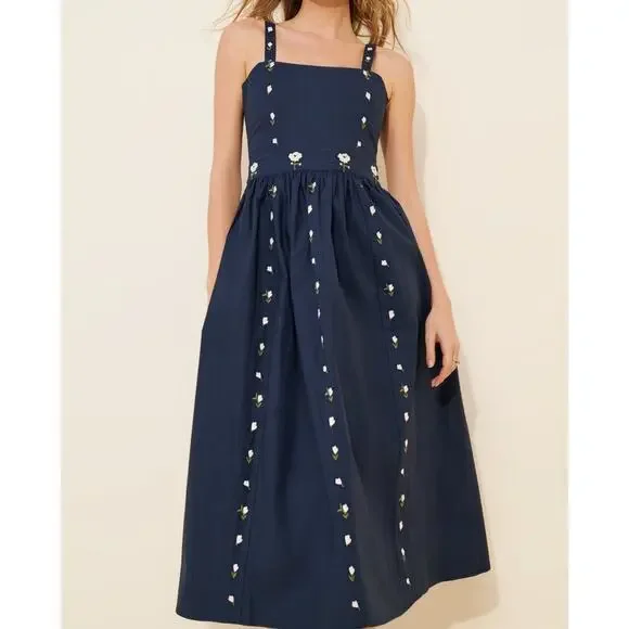 Anthropologie Fanm Mon Hulya Embroidered Midi Dress Size XL Navy Blue Midi - Picture 1 of 7